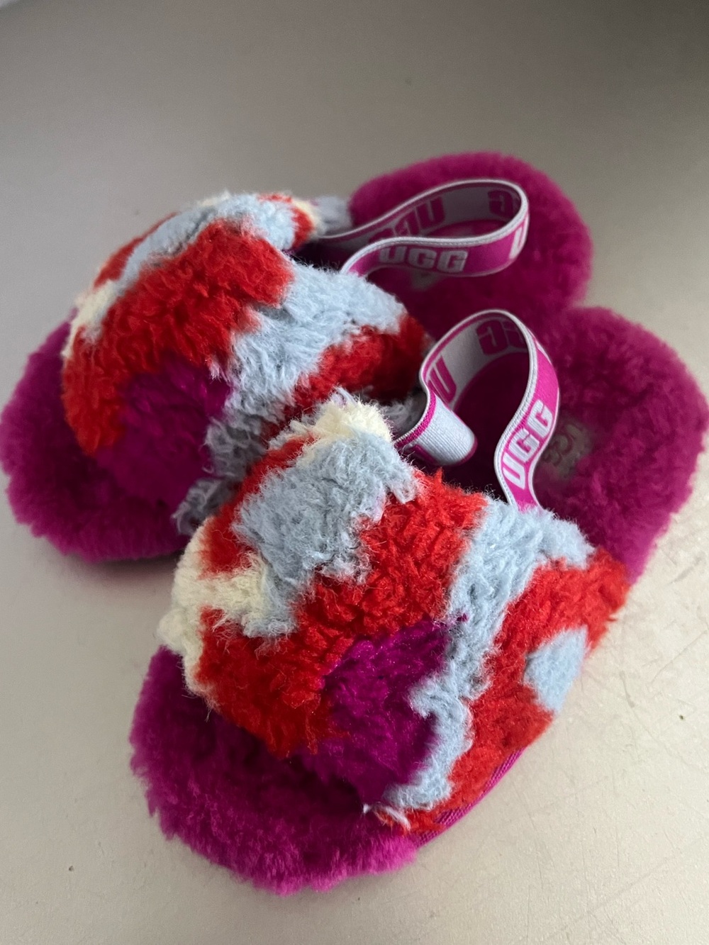 UGG Kids Fuzzy Slide Sandals in Pink, Red, Light Blue